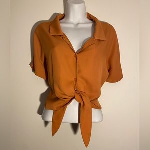Orange short-sleeve button down tie up crop top